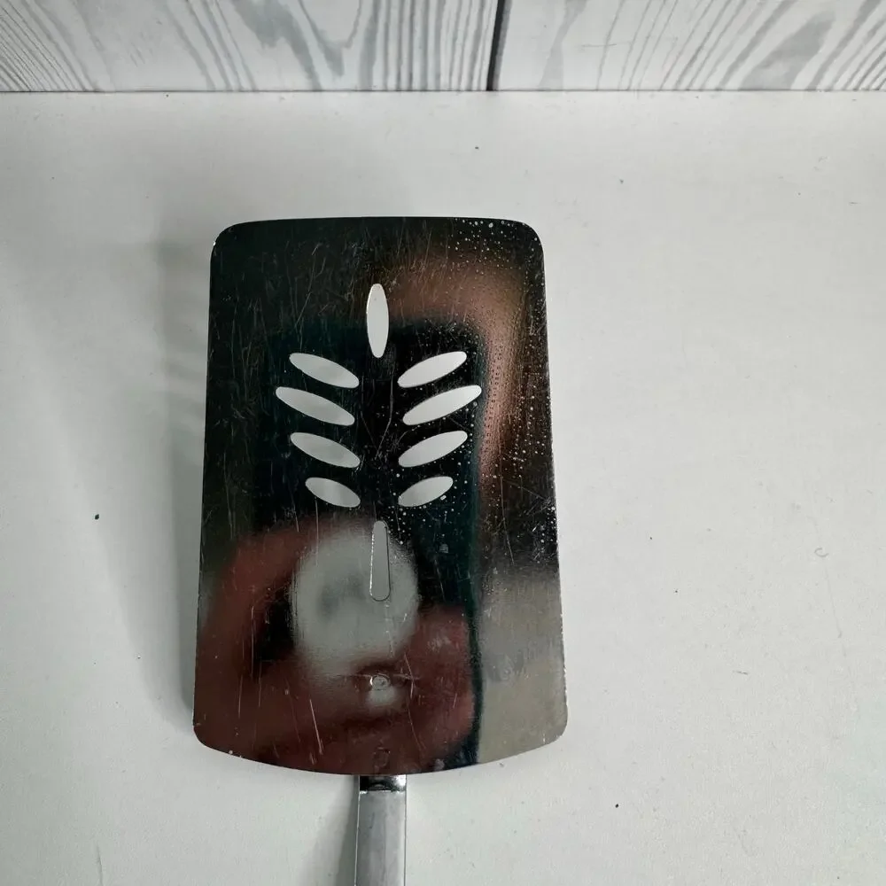 Vintage Metal Spatula Blue Handle Thin Edge Slotted Wheat Pattern Farmhouse